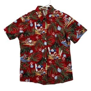 SSLR Shirt Womens Medium Red Christmas Hawaiian Santa Surfing Beach Holiday Top